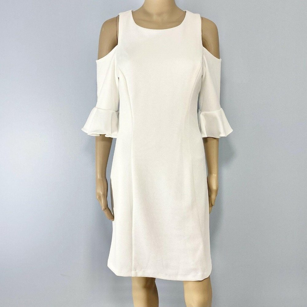 Nicole Miller Sheath Dress Womens Size 4 White Cold Shoulder Ruffle Sleeves